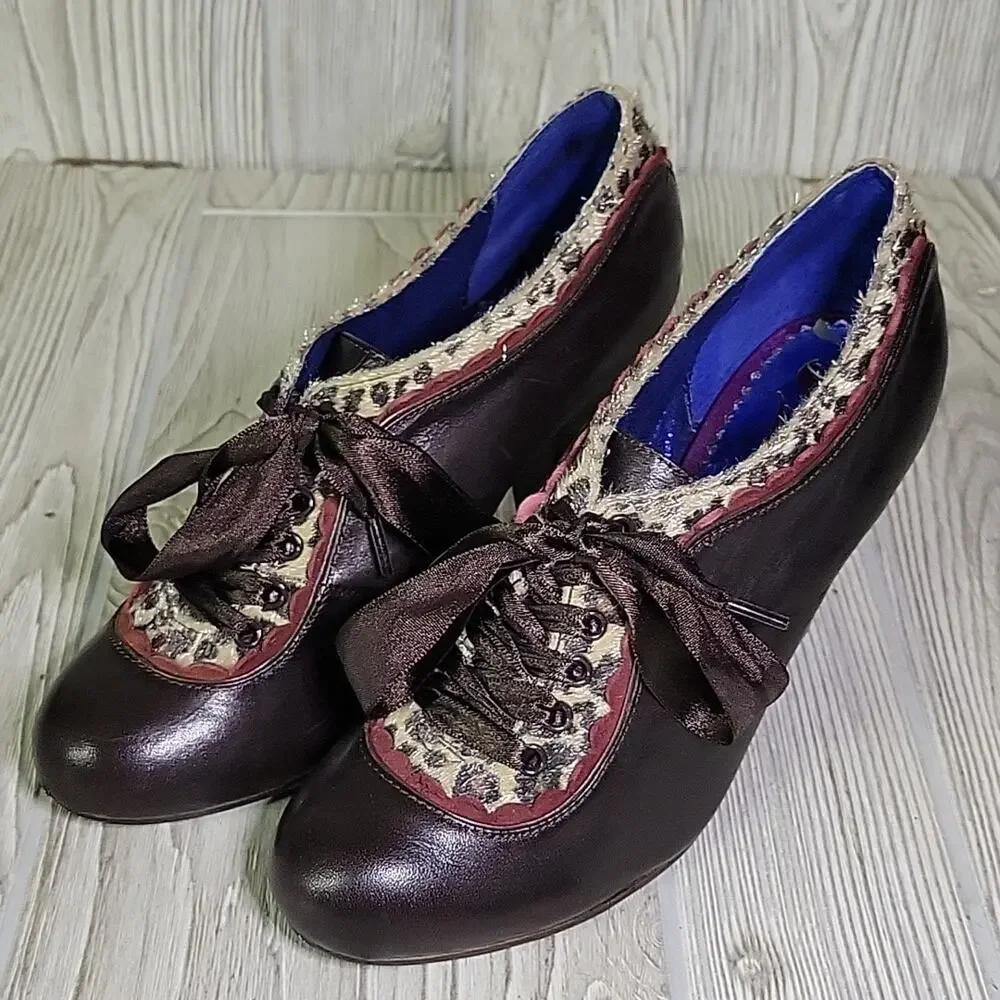 Poetic Licence Backlash Chocolate Leopard Print Lace Up Heels Womens EU37 US 6.5